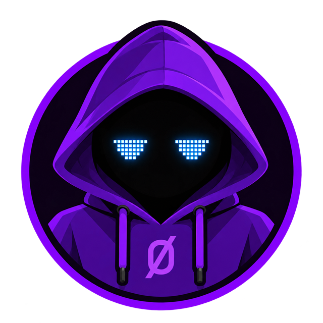 imp0str, a purple hooded mascot with luminous pixel eyes and an Ø emblem